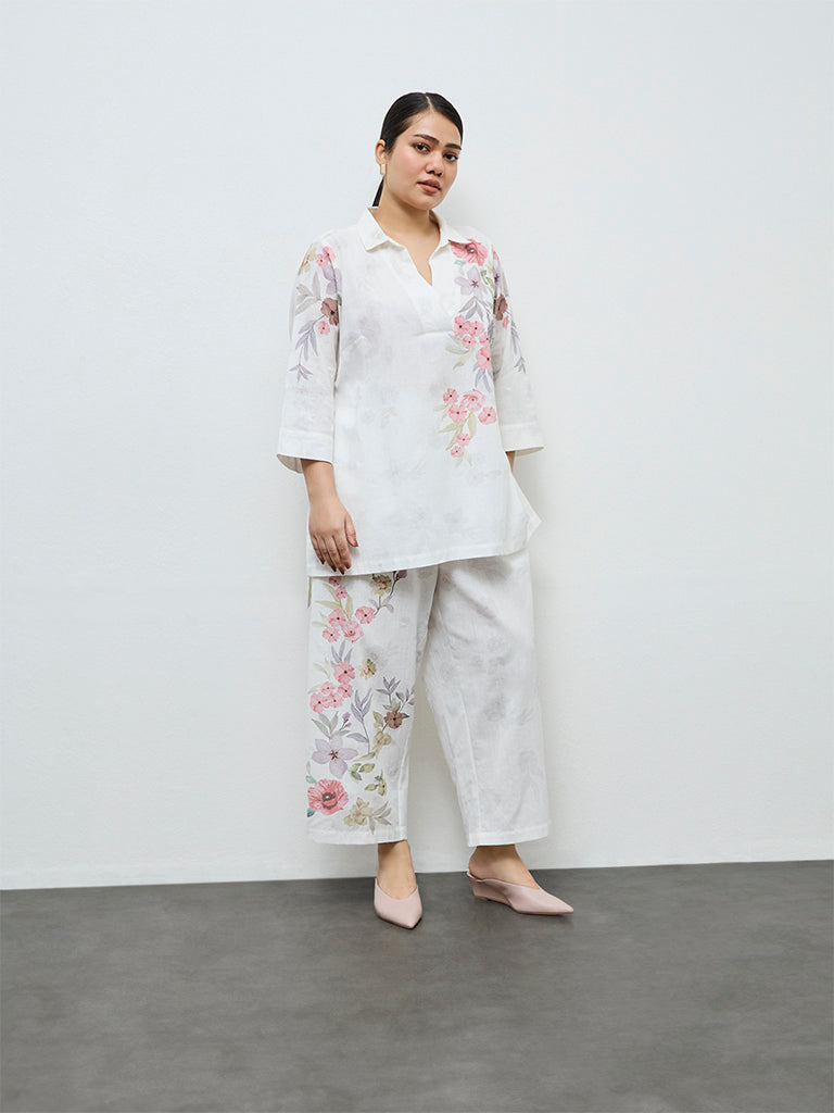 Diza White Floral Design Cotton-Blend Pants