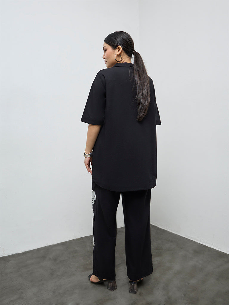 Diza Black Foliage Embroidered Pants