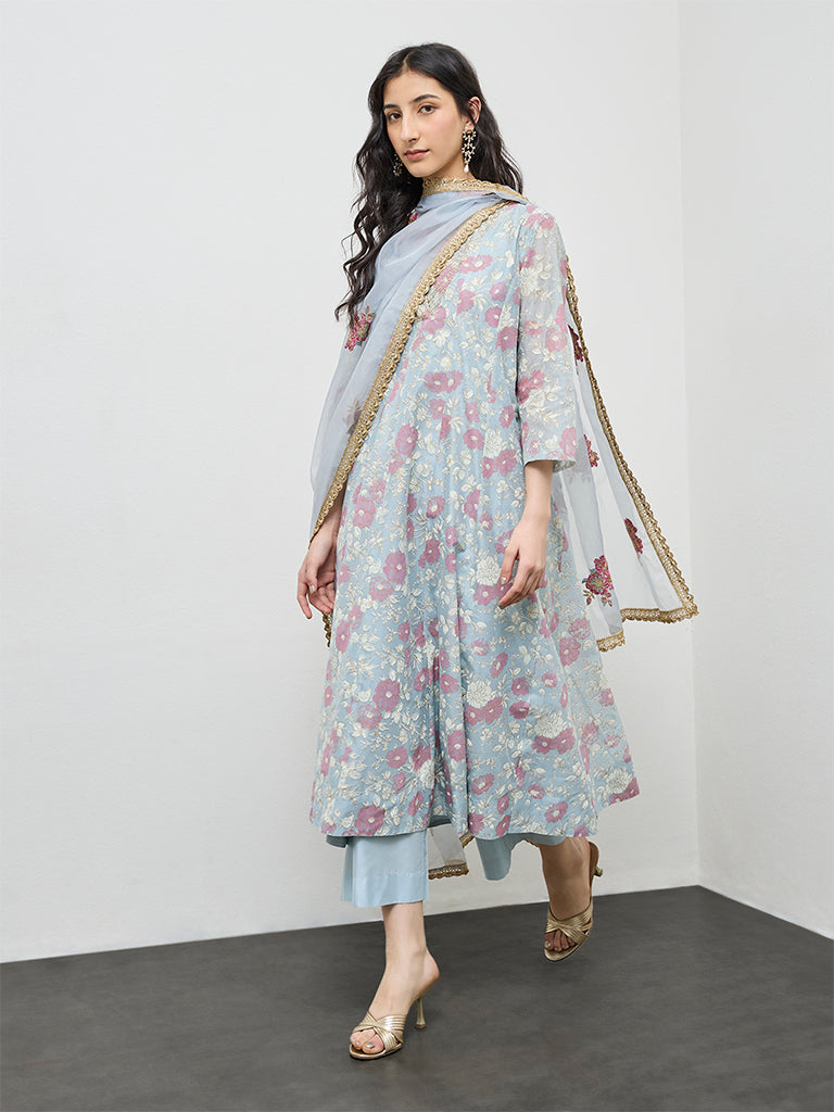 Vark Light Blue Floral Cotton-Blend A-Line Ethnic Set