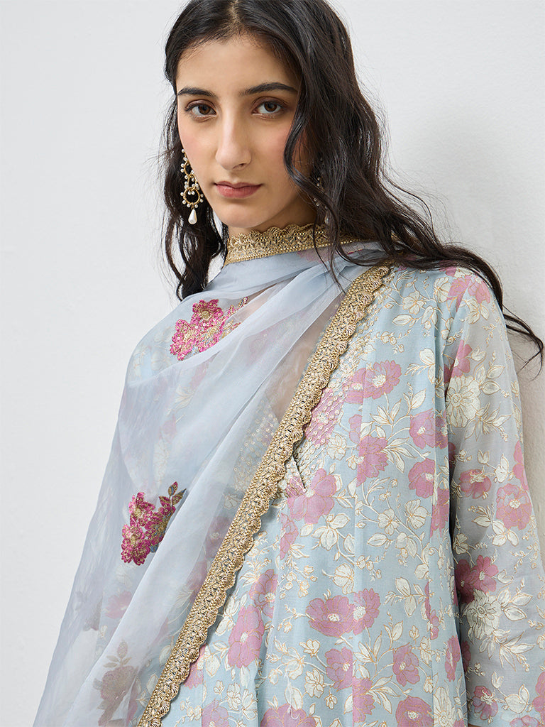 Vark Light Blue Floral Cotton-Blend A-Line Ethnic Set