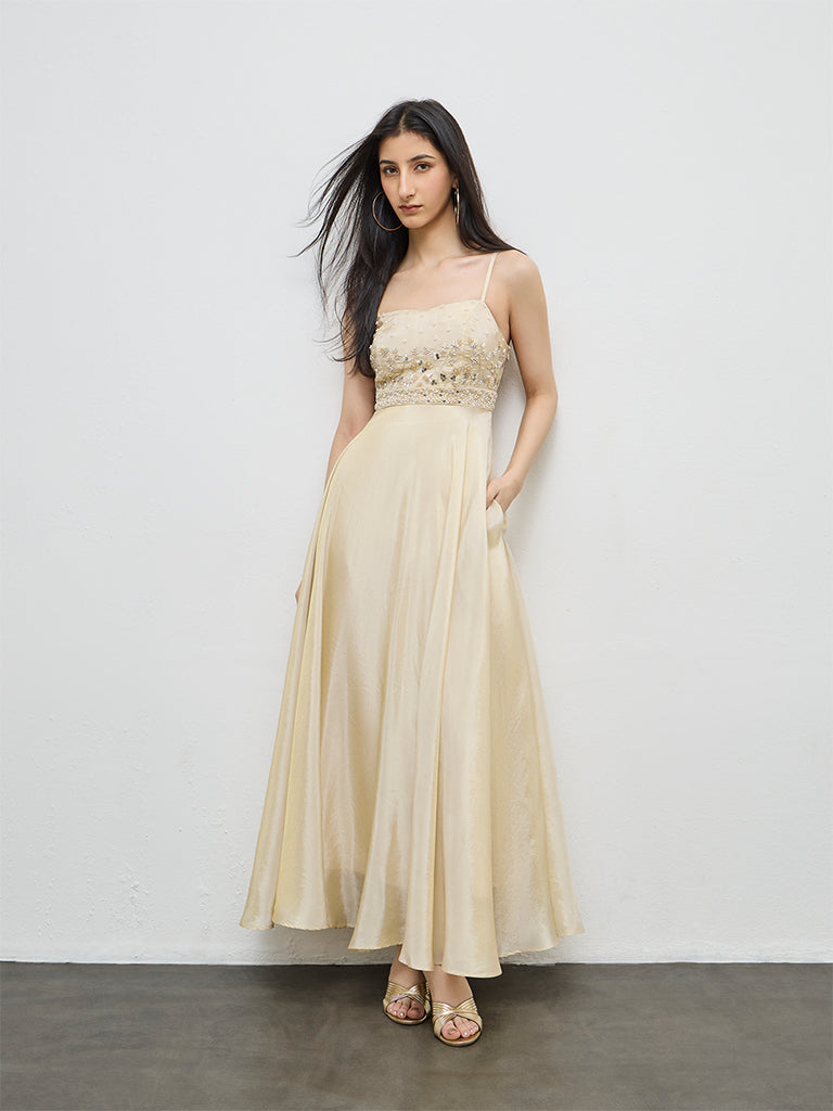 Vark Light Gold Embellished A-Line Dress