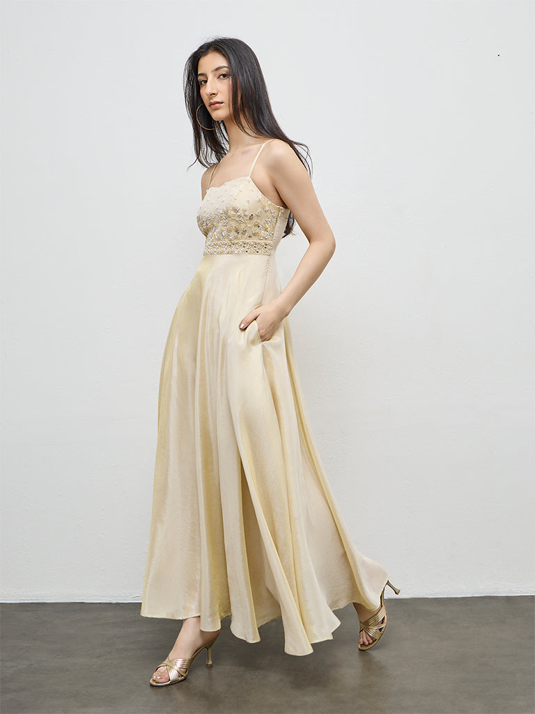 Vark Light Gold Embellished A-Line Dress