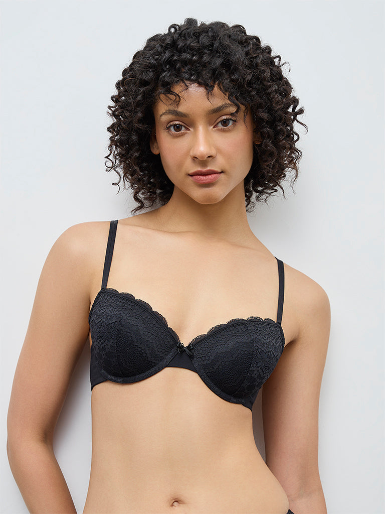Wunderlove Black Lace-Detailed Cotton-Blend Underwired Bra
