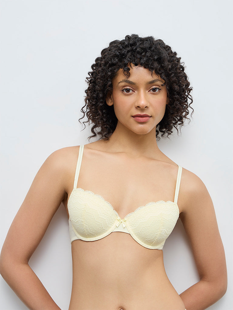 Wunderlove Light Yellow Lace Cotton-Blend Underwired Bra