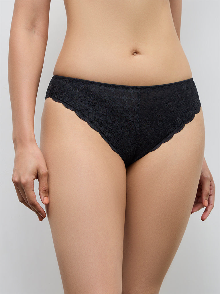 Wunderlove Black Lace-Detailed Brazilian Briefs