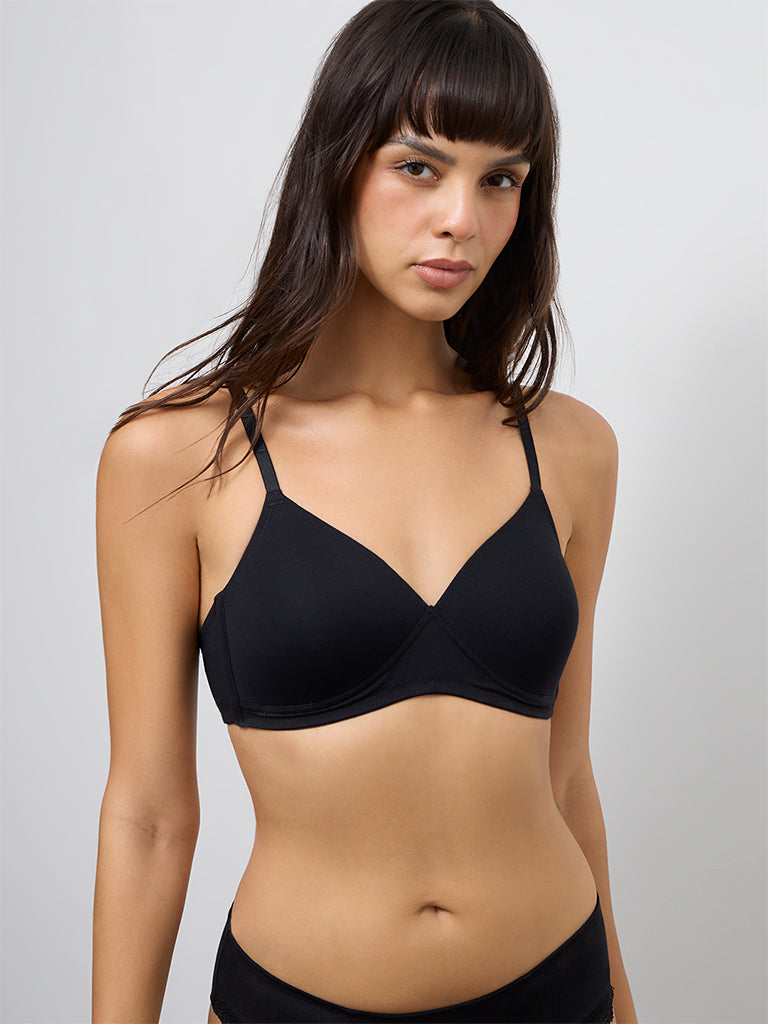 Wunderlove Black Padded Cotton-Blend Bra