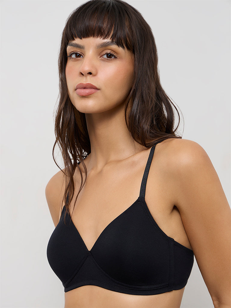 Wunderlove Black Padded Cotton-Blend Bra