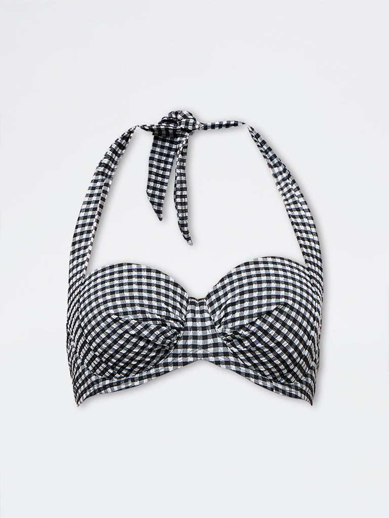 Wunderlove Swimwear Black Gingham Underwired Halter-Neck Balconette Bikini Bra