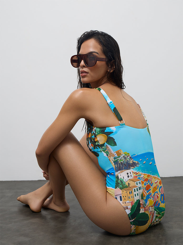 Wunderlove Swimwear Blue Landscape Printed Swimsuit