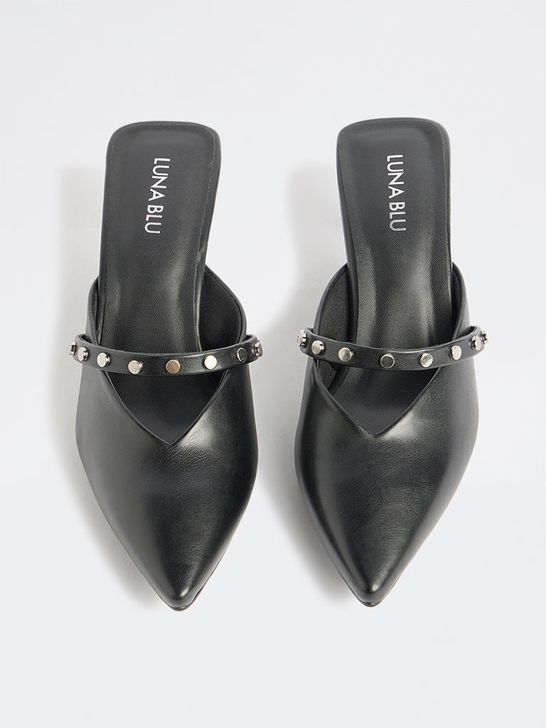 LUNA BLU Black Stud-Detailed Kitten-Heel Mules