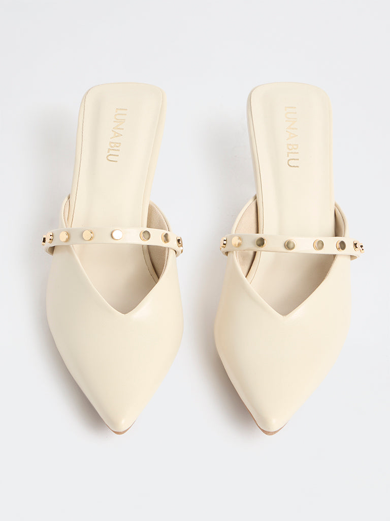 LUNA BLU Ivory Stud-Detailed Kitten-Heel Mules