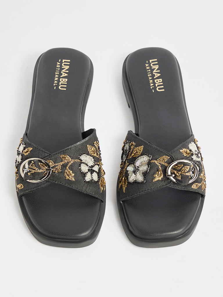 LUNA BLU Black Floral Embroidered Slides