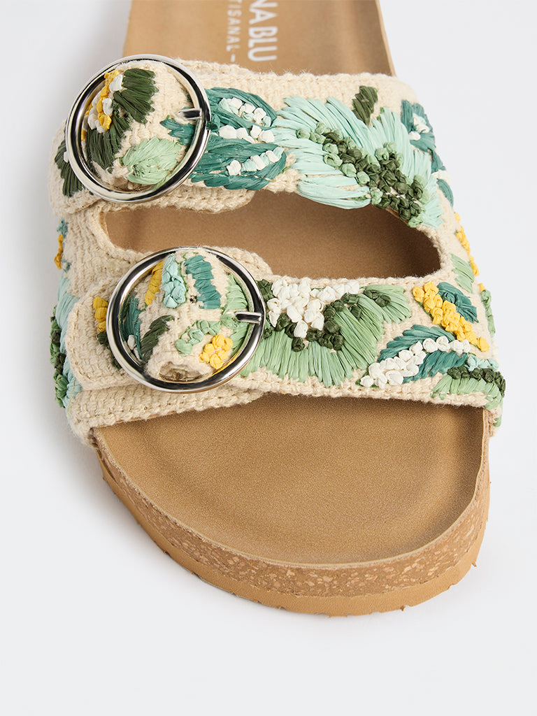 LUNA BLU Green Embroidered Dual-Strap Sandals