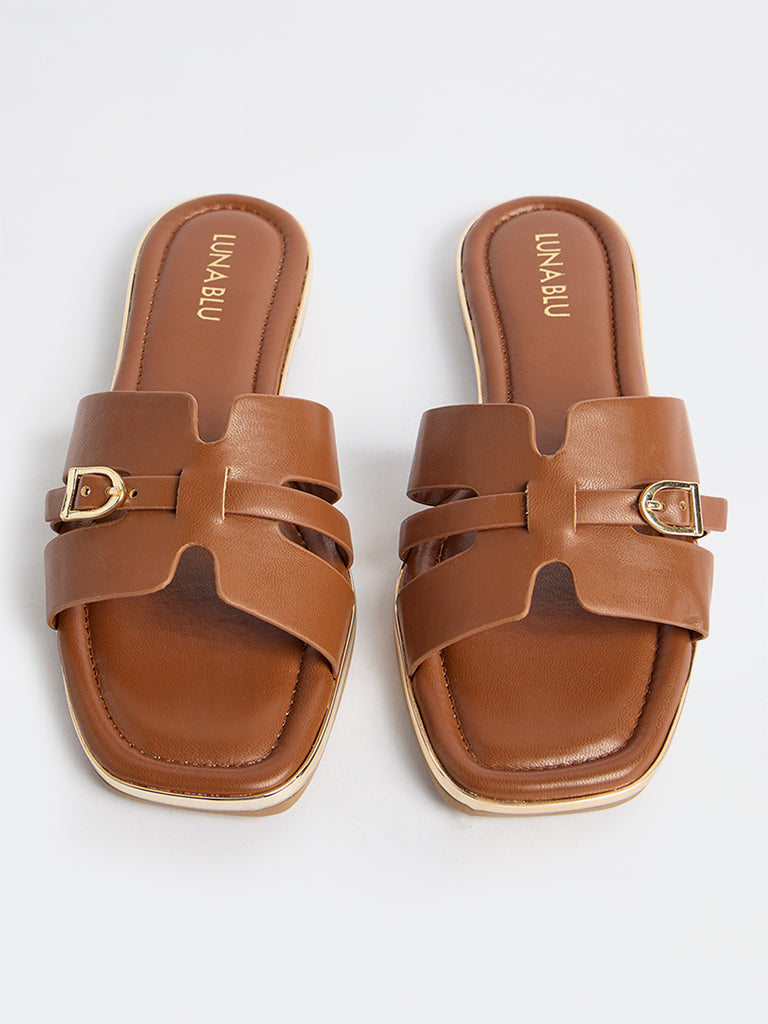 LUNA BLU Tan Buckle-Detailed Slides