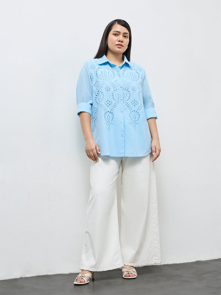 Gia Light Blue Schiffli Embroidered Cotton Shirt