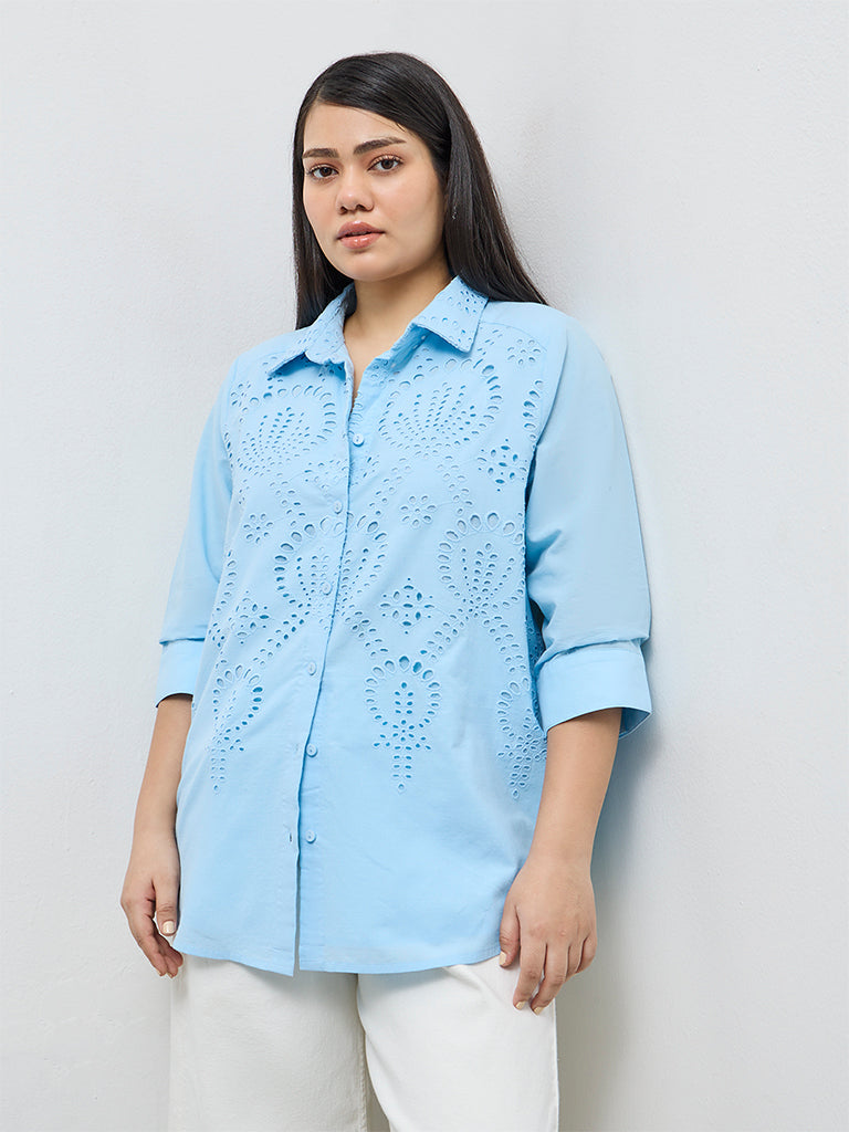 Gia Light Blue Schiffli Embroidered Cotton Shirt
