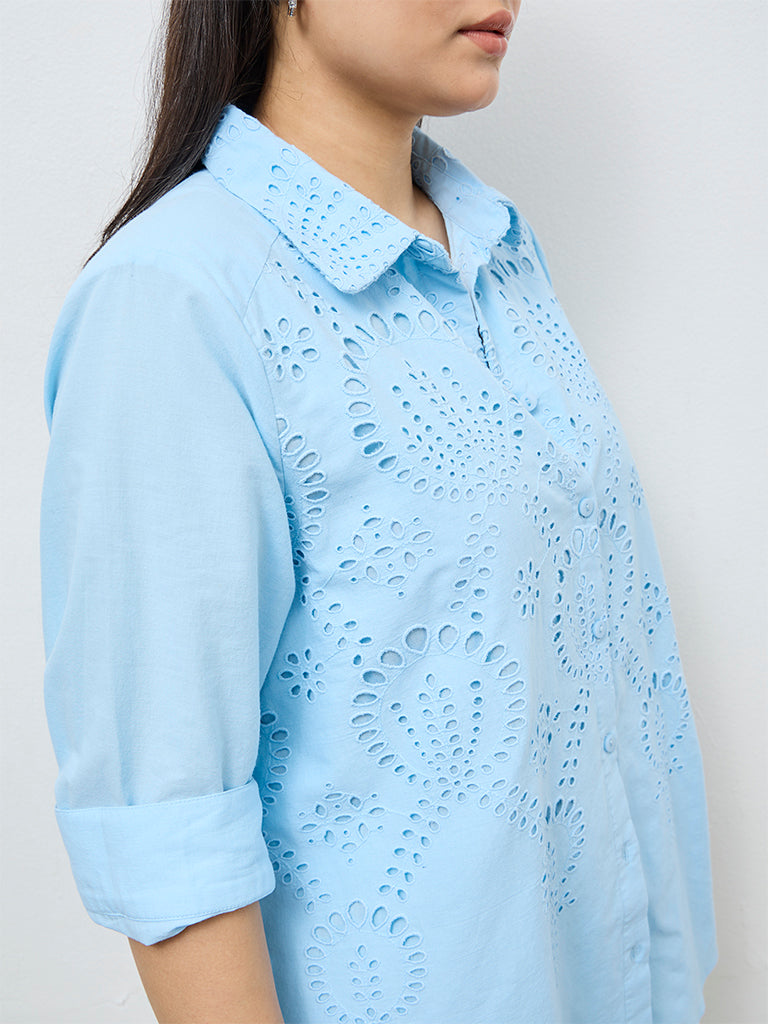 Gia Light Blue Schiffli Embroidered Cotton Shirt