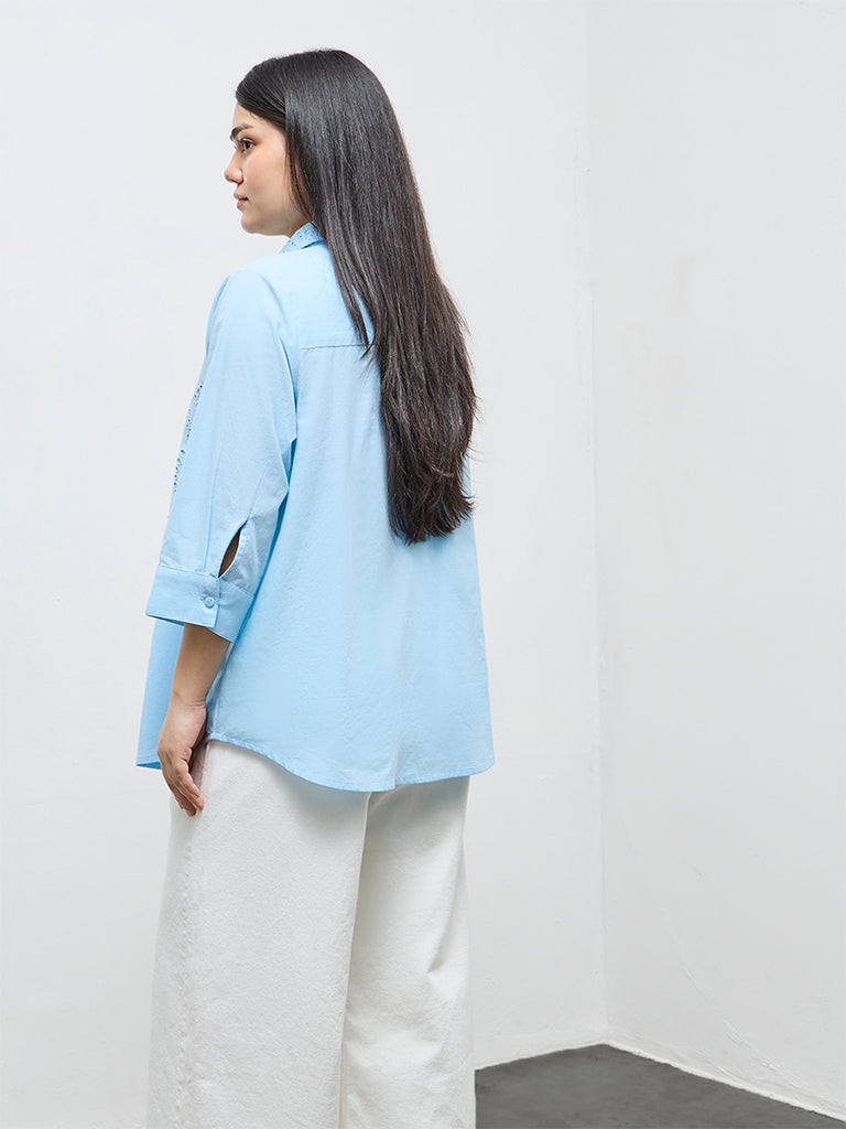 Gia Light Blue Schiffli Embroidered Cotton Shirt