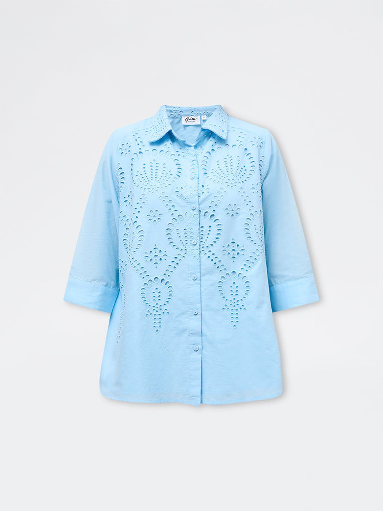 Gia Light Blue Schiffli Embroidered Cotton Shirt