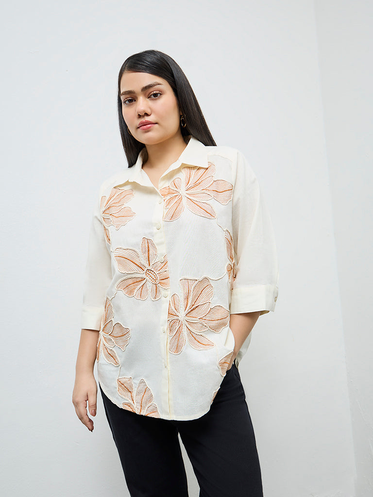 Gia Cream Floral Embroidered Cotton-Blend Shirt