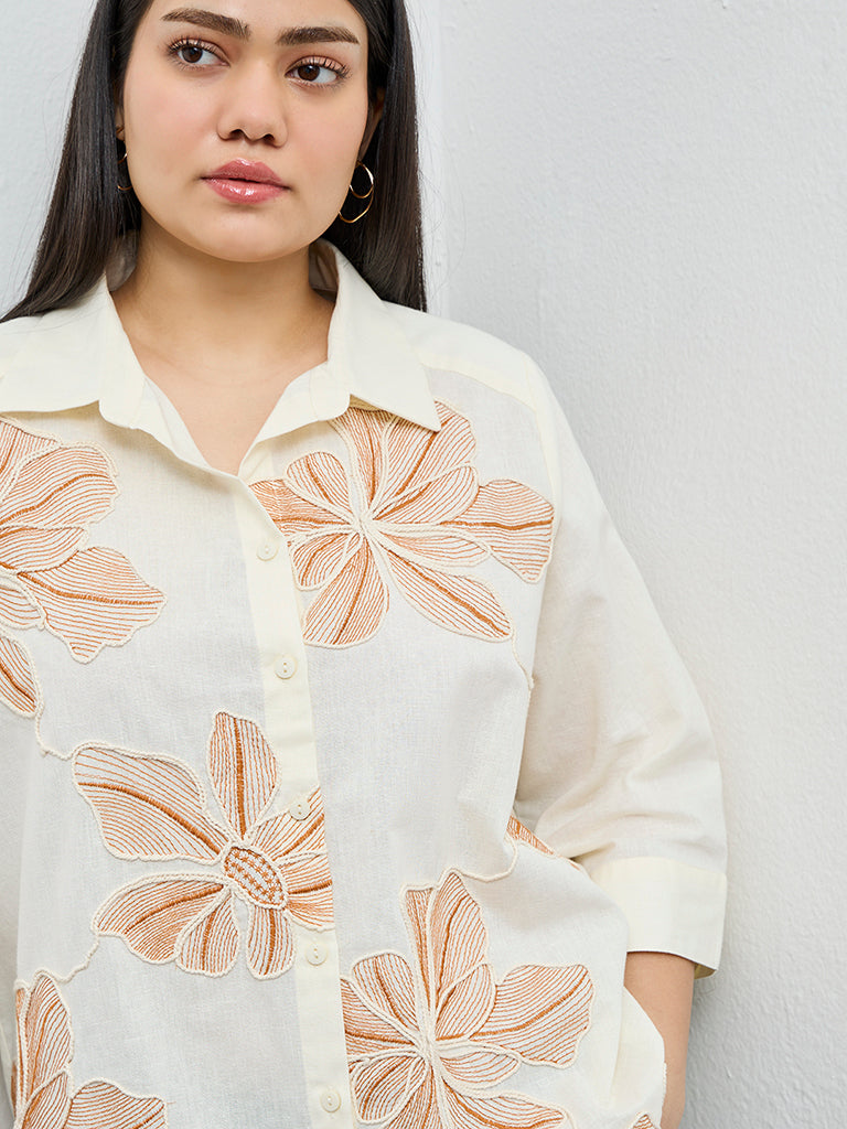 Gia Cream Floral Embroidered Cotton-Blend Shirt