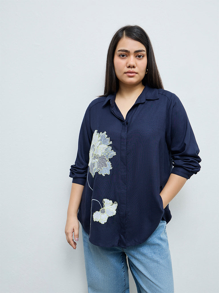 Gia Navy Floral Embroidered Shirt