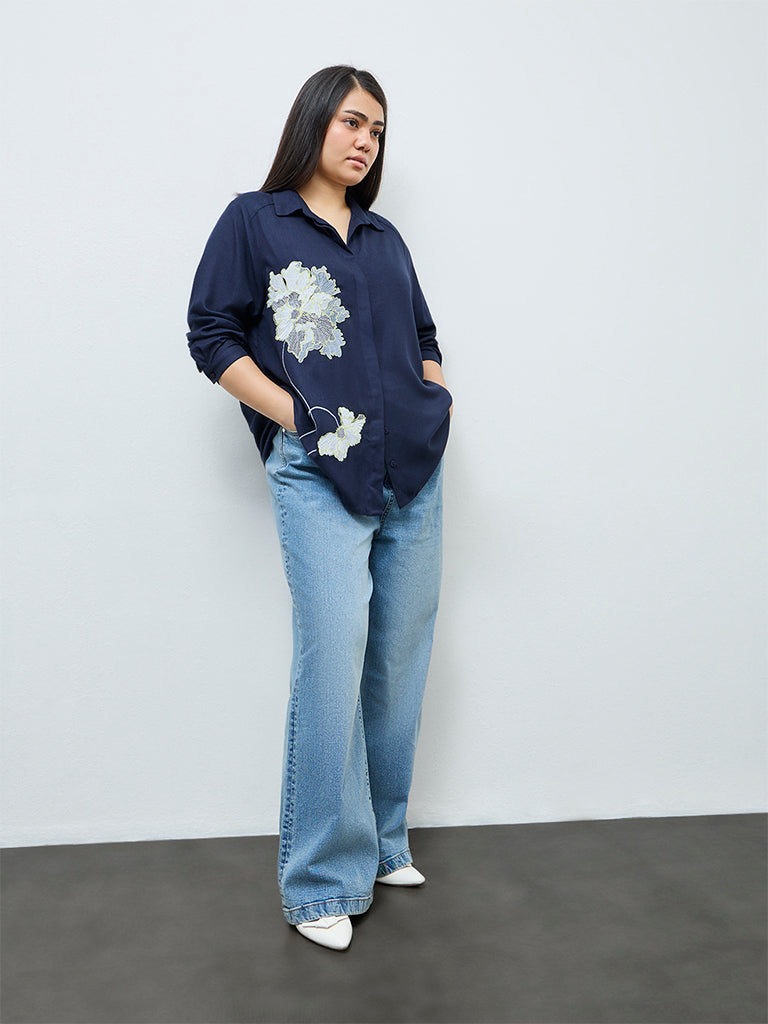 Gia Navy Floral Embroidered Shirt