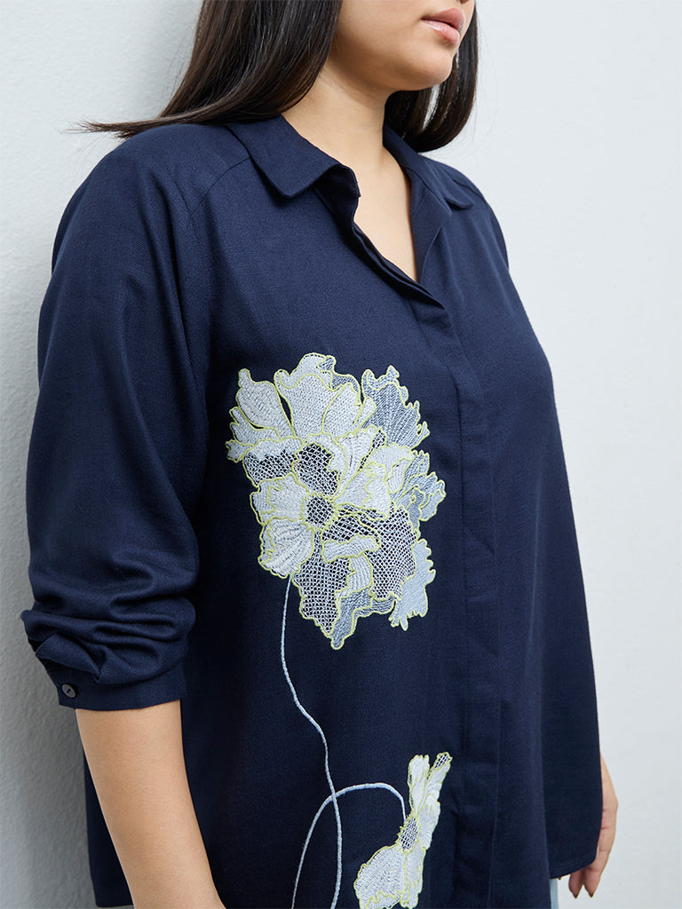 Gia Navy Floral Embroidered Shirt