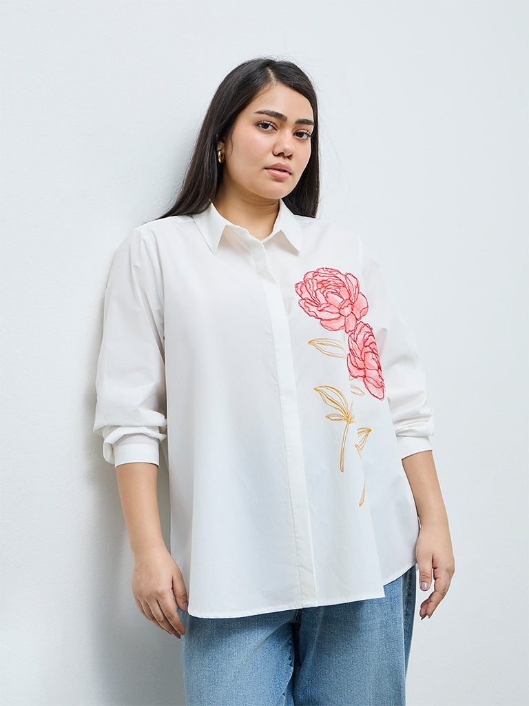 Gia White Floral Embroidered Cotton Shirt