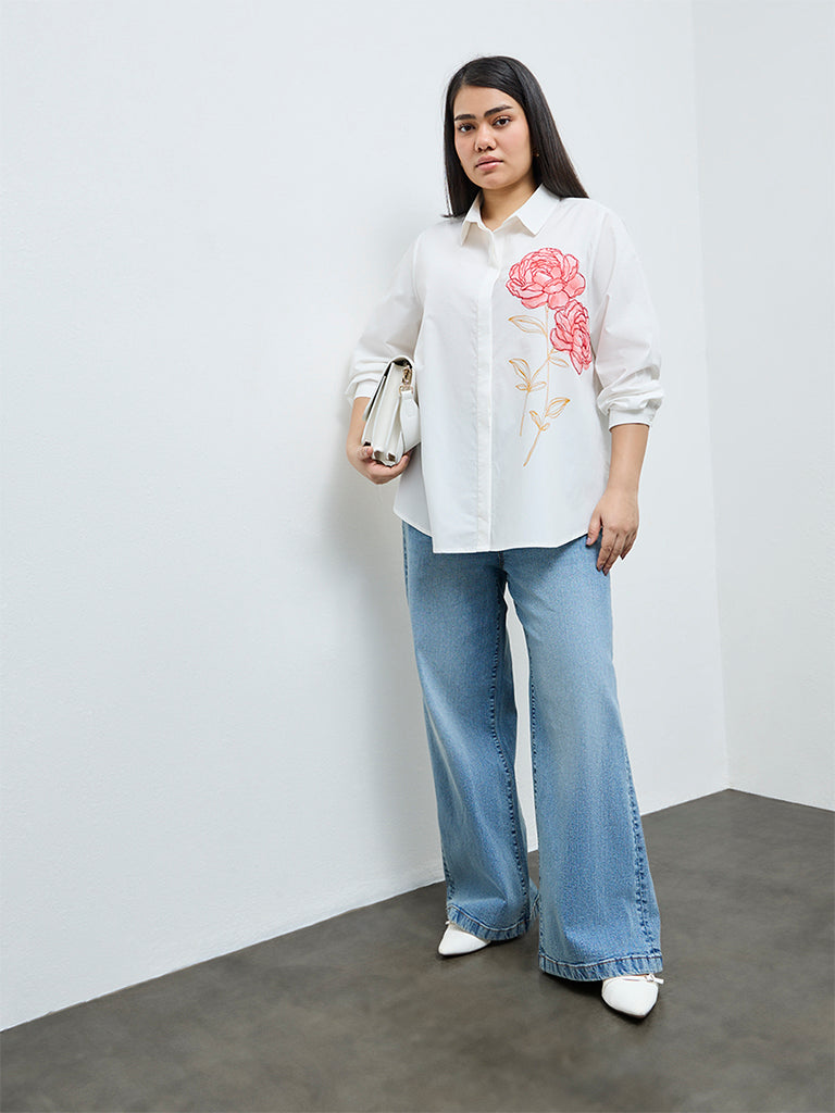Gia White Floral Embroidered Cotton Shirt