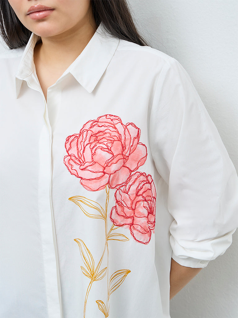 Gia White Floral Embroidered Cotton Shirt