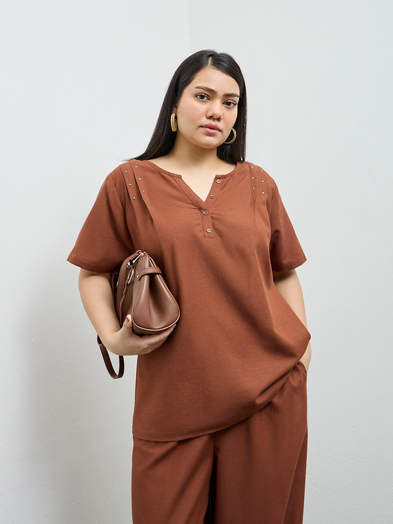 Gia Brown Stud-Detailed Blouse