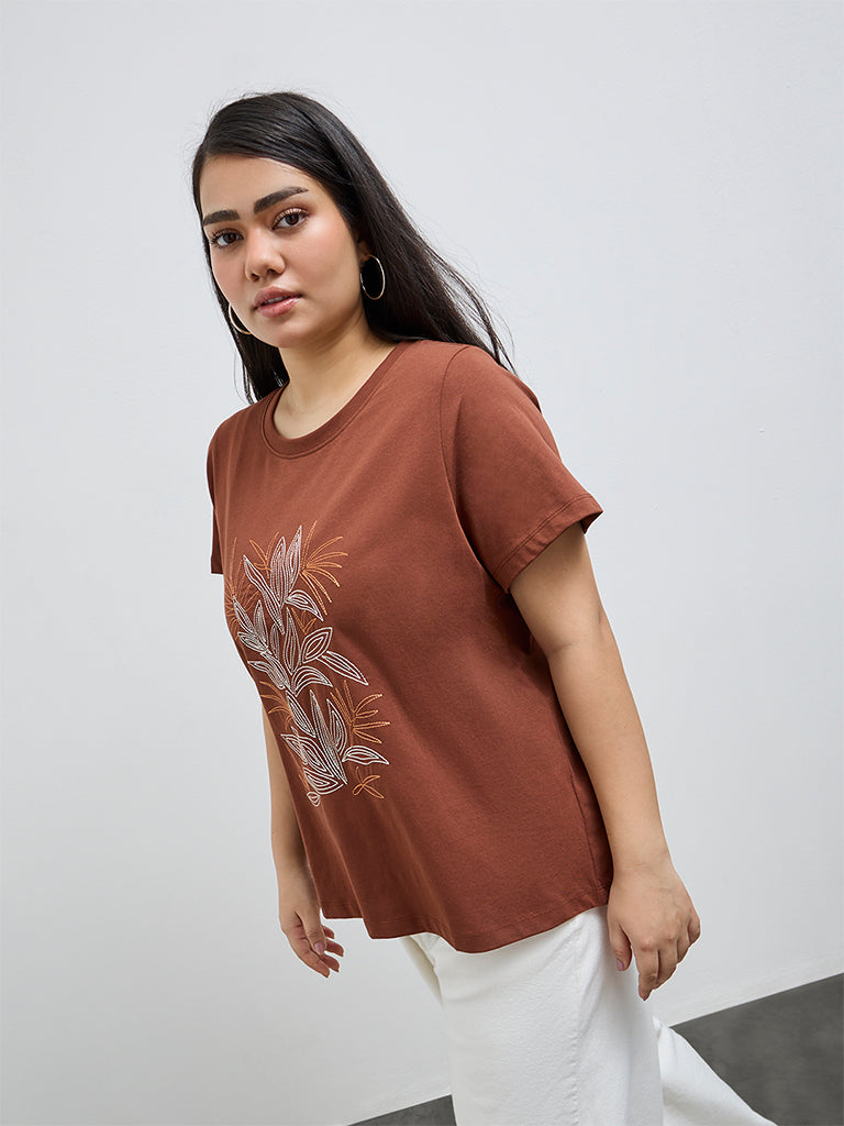 Gia Dark Brown Embroidered Cotton T-Shirt