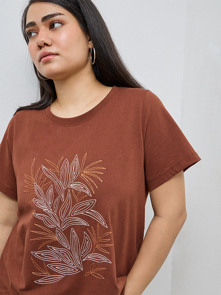 Gia Dark Brown Embroidered Cotton T-Shirt