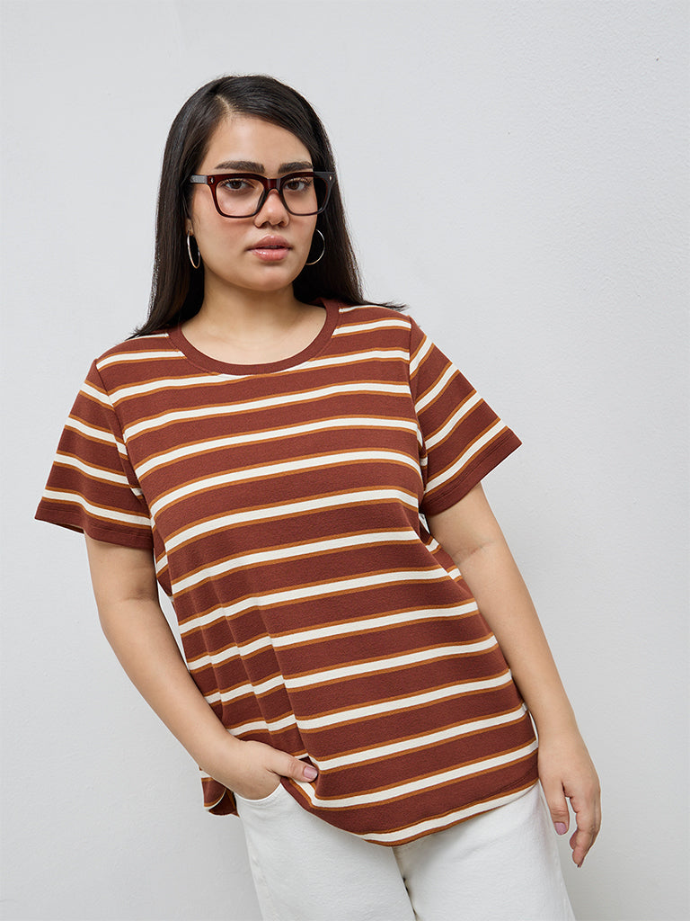 Gia Dark Brown Striped Cotton-Blend T-Shirt