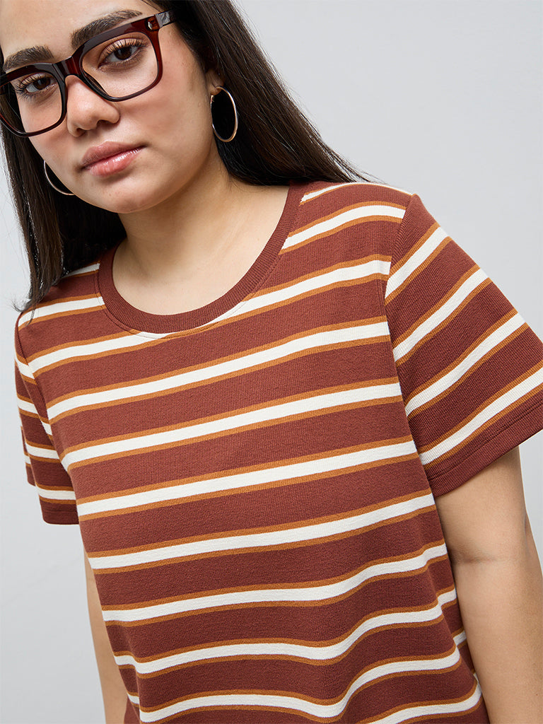Gia Dark Brown Striped Cotton-Blend T-Shirt