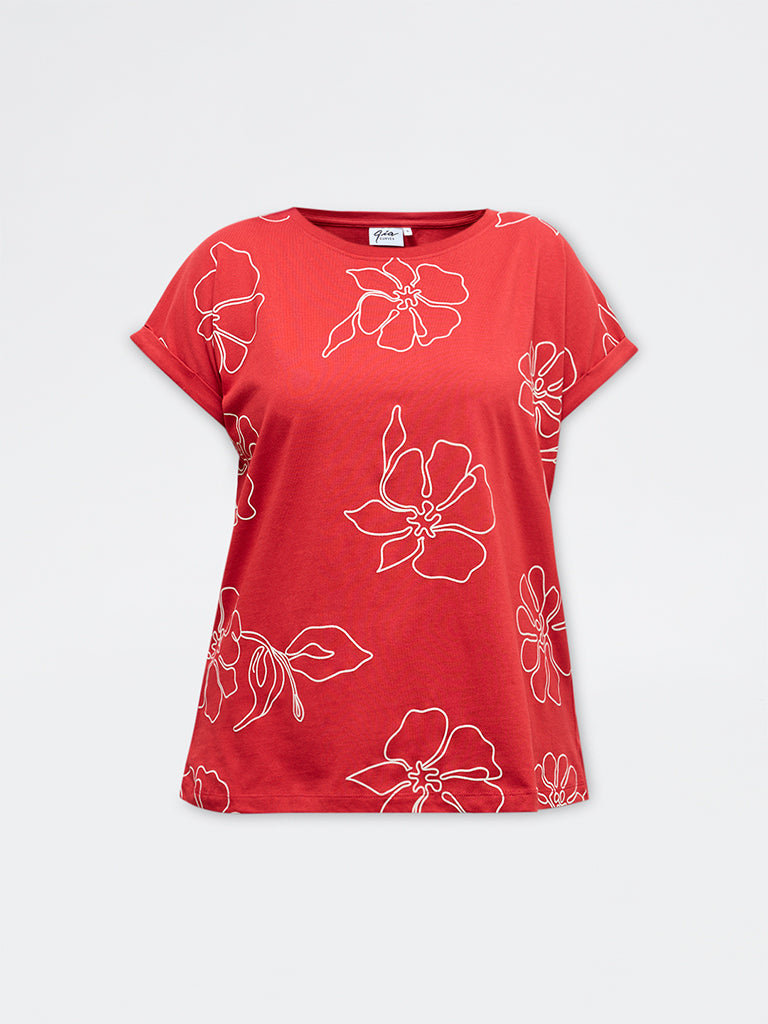Gia Red Floral Cotton T-Shirt
