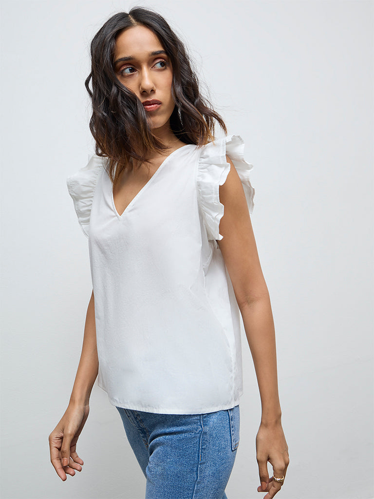 LOV White Solid Cotton Top