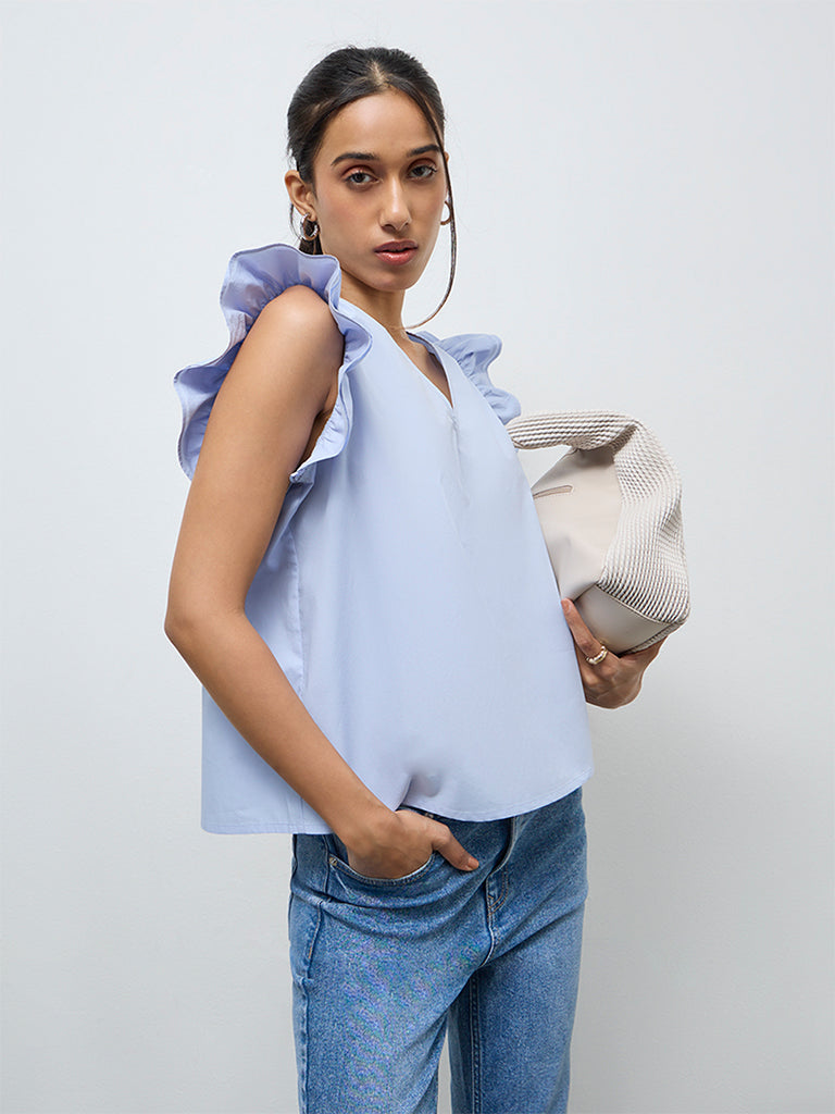 LOV Light Blue Solid Cotton Top