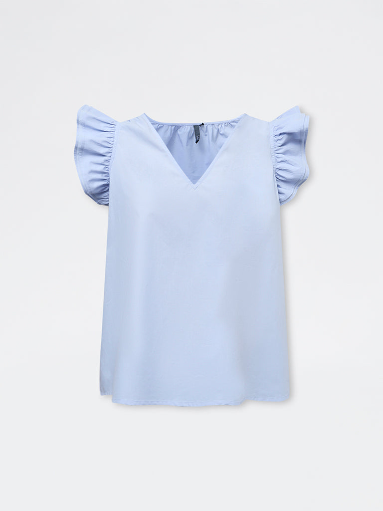 LOV Light Blue Solid Cotton Top