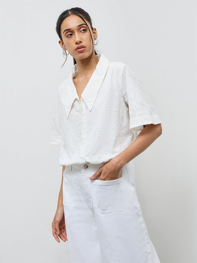LOV White Schiffli Embroidered Cotton Shirt