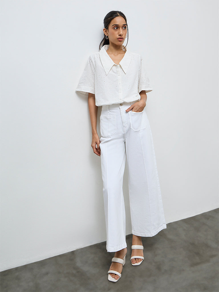 LOV White Schiffli Embroidered Cotton Shirt