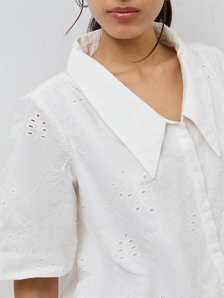 LOV White Schiffli Embroidered Cotton Shirt