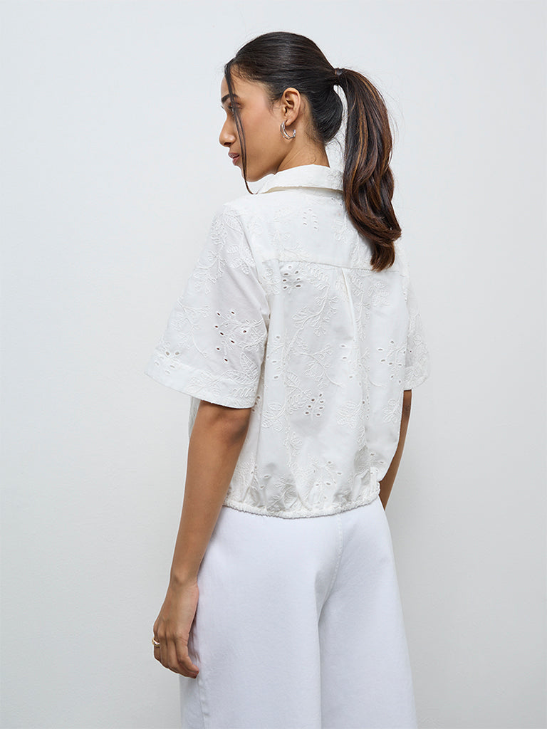 LOV White Schiffli Embroidered Cotton Shirt