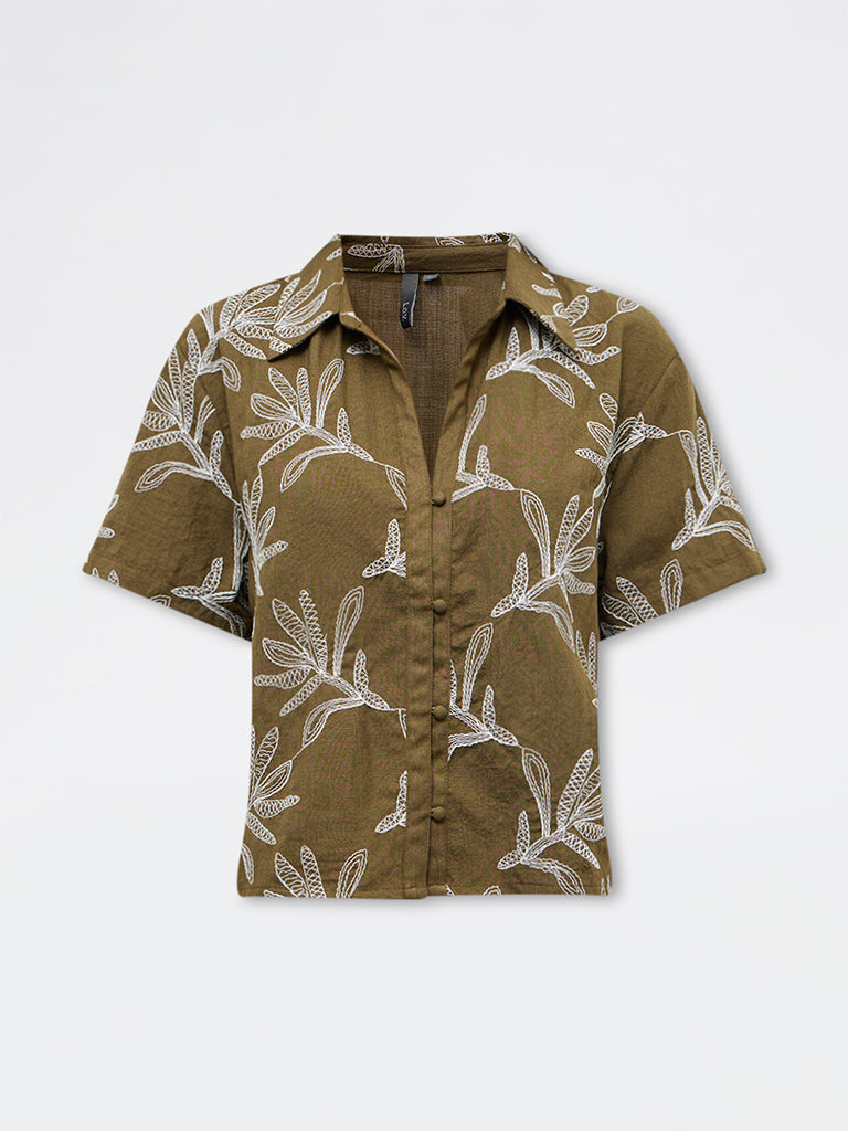 LOV Olive Foliage Embroidered Blouse