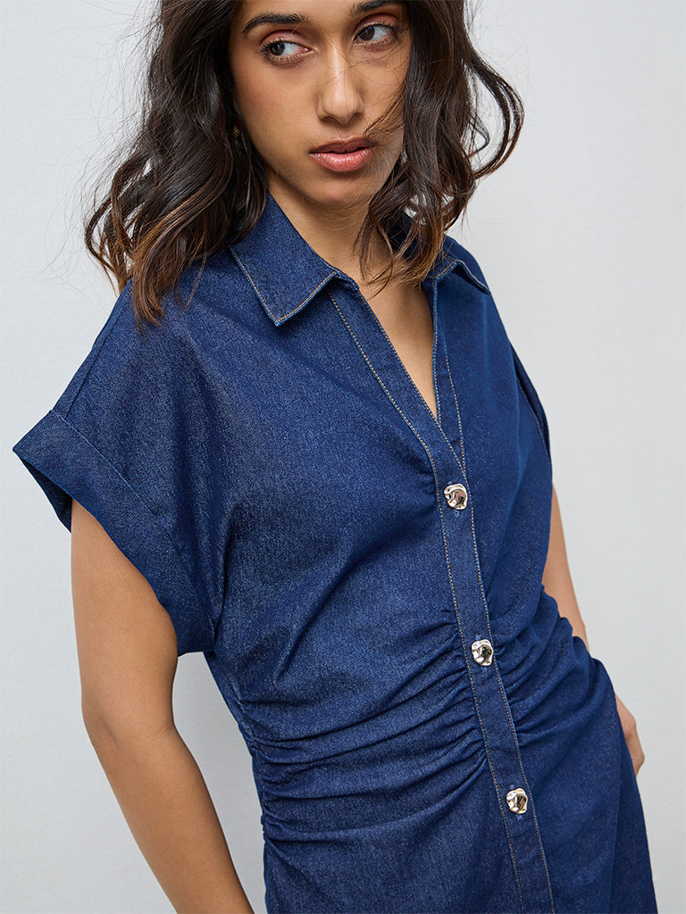 LOV Dark Blue Ruched Denim Shirt Dress