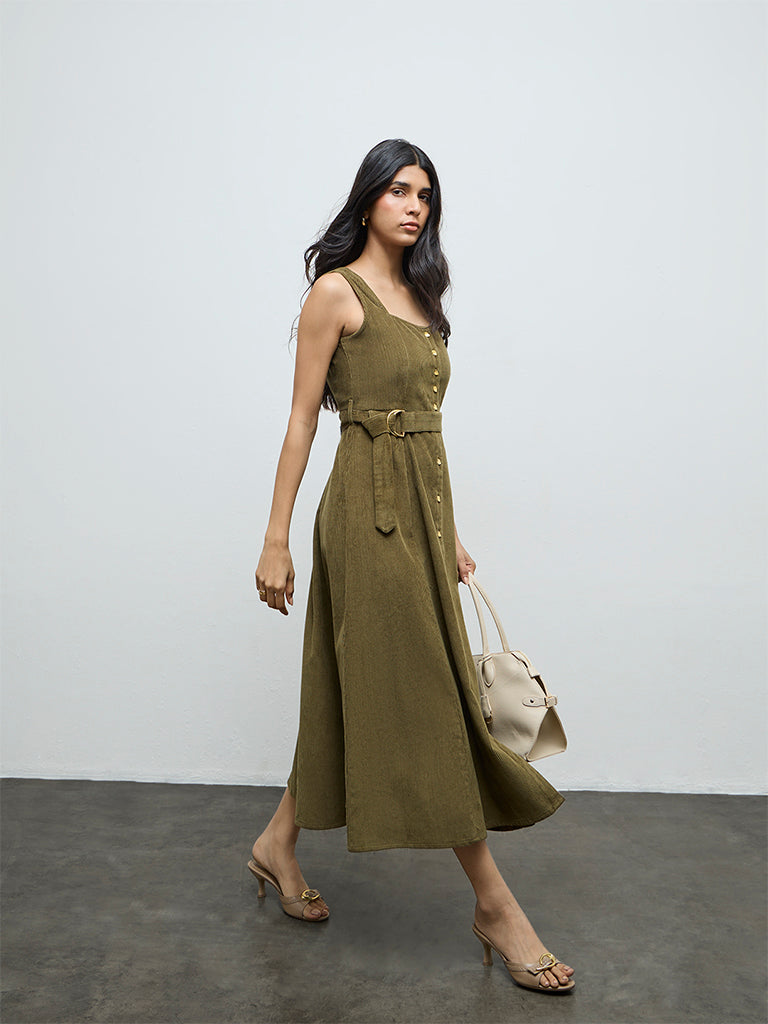 LOV Olive Cotton A-Line Dress