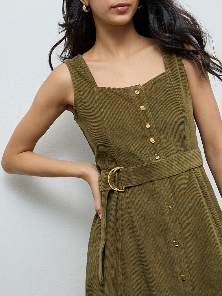 LOV Olive Cotton A-Line Dress