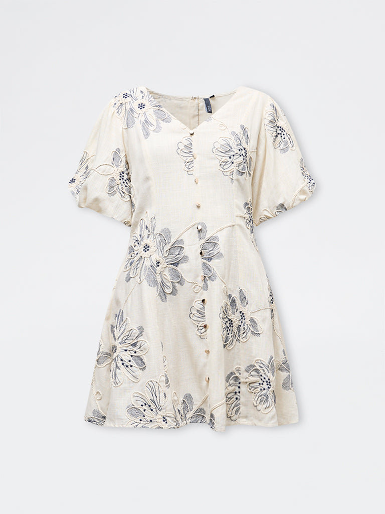 Buy LOV Off-White Floral Embroidered A-Line Dress from Westside