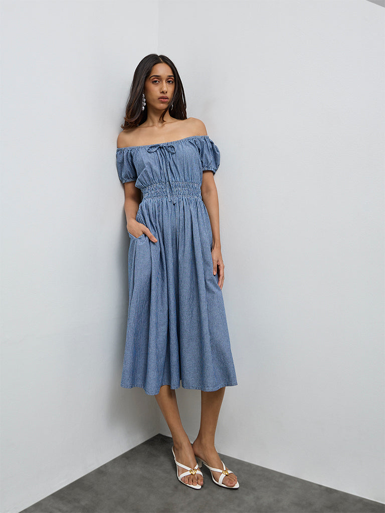 LOV Blue Striped Off-Shoulder Cotton Dress